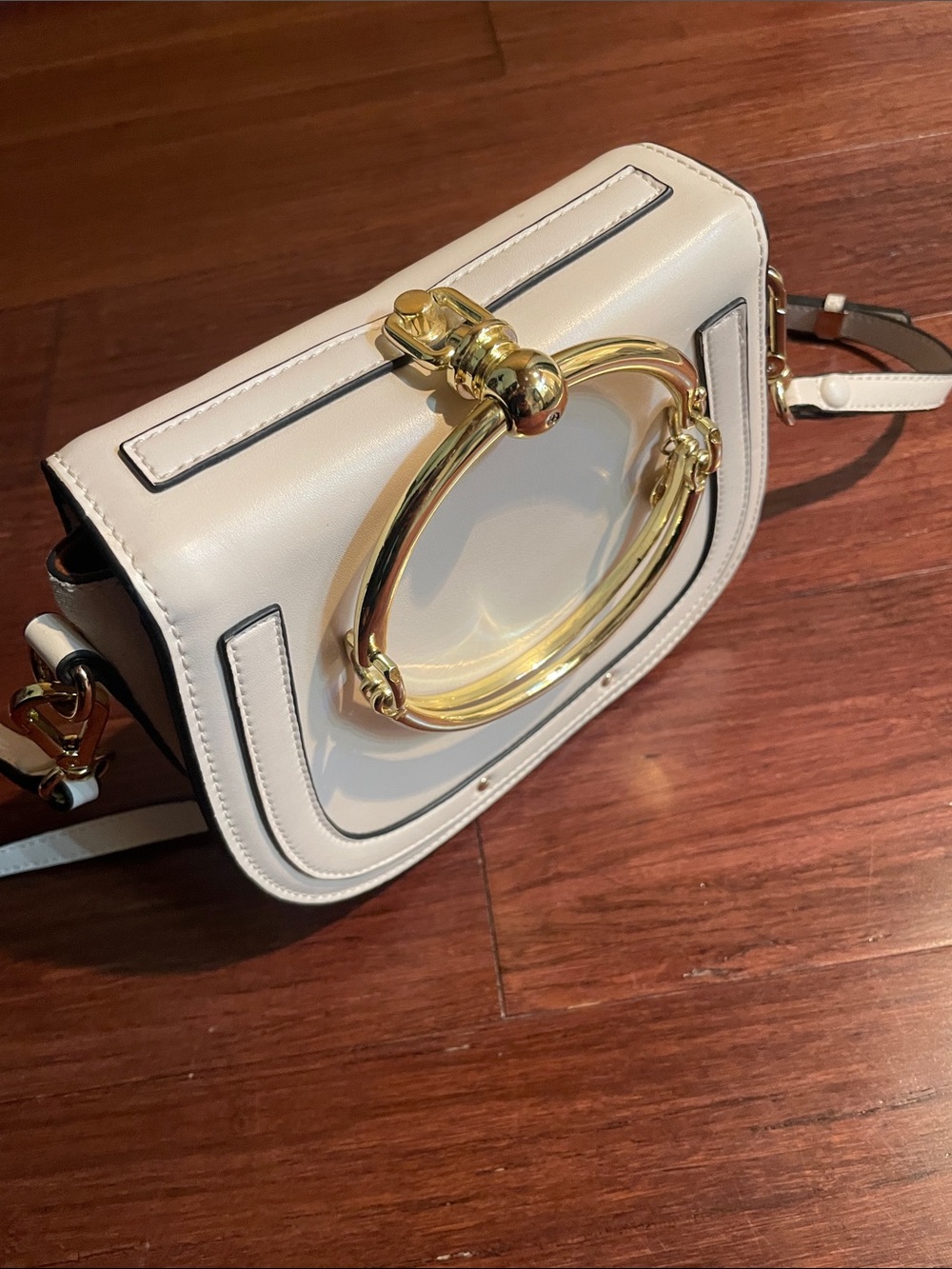 Cream Leather Crossbody Bag with Gold Ring Accent